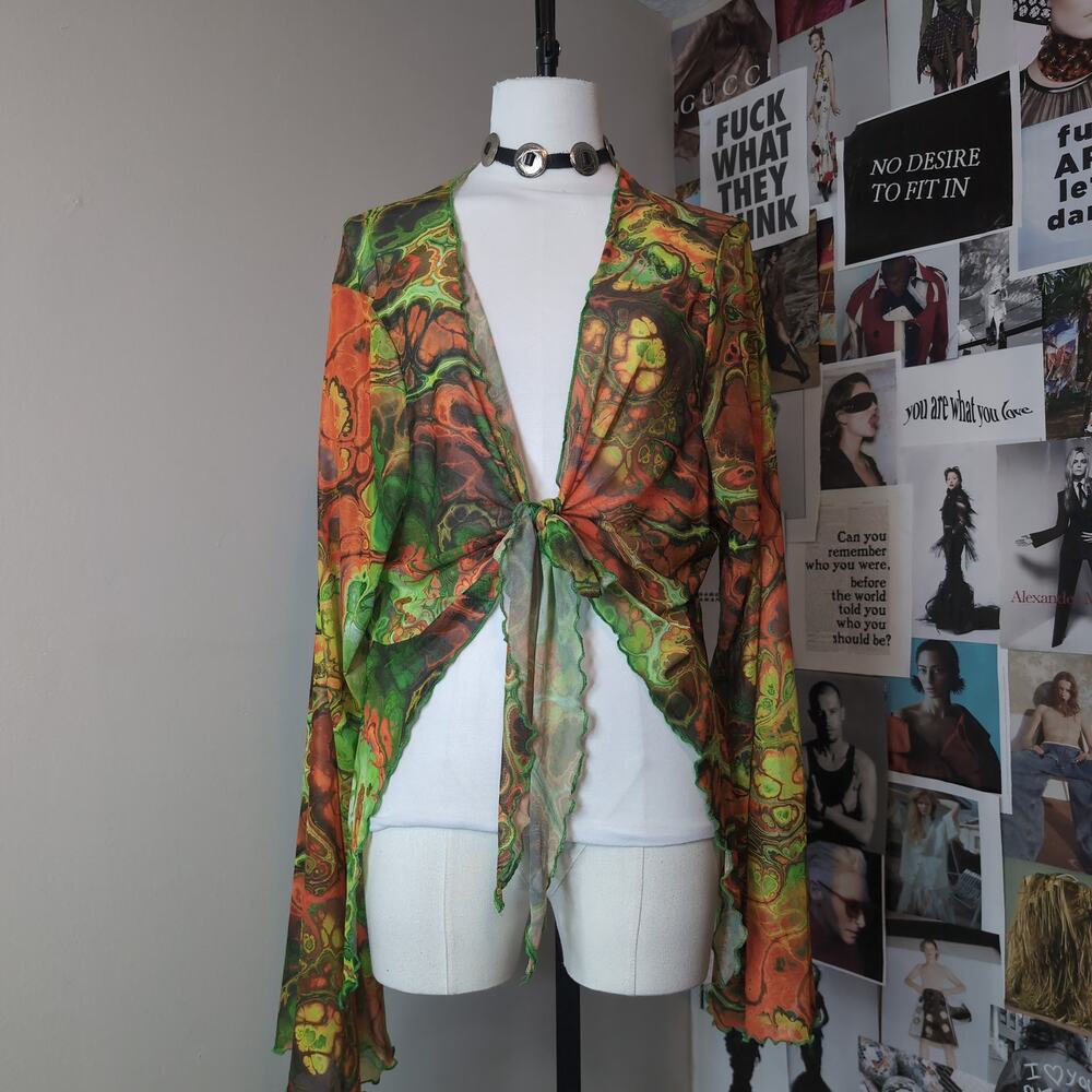 Psychedelic Print Tie Front Mesh Top